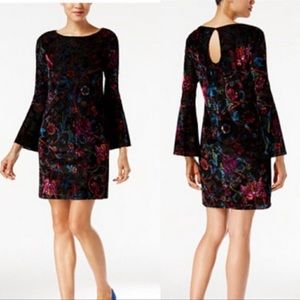 ECI Velvet Bell Sleeve Floral Dress Black Multicolor Large Retro 70s